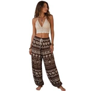 Brown Elephant Print Harem Pants Womens Small Boho Lagenlook Tribal Resort Gypsy